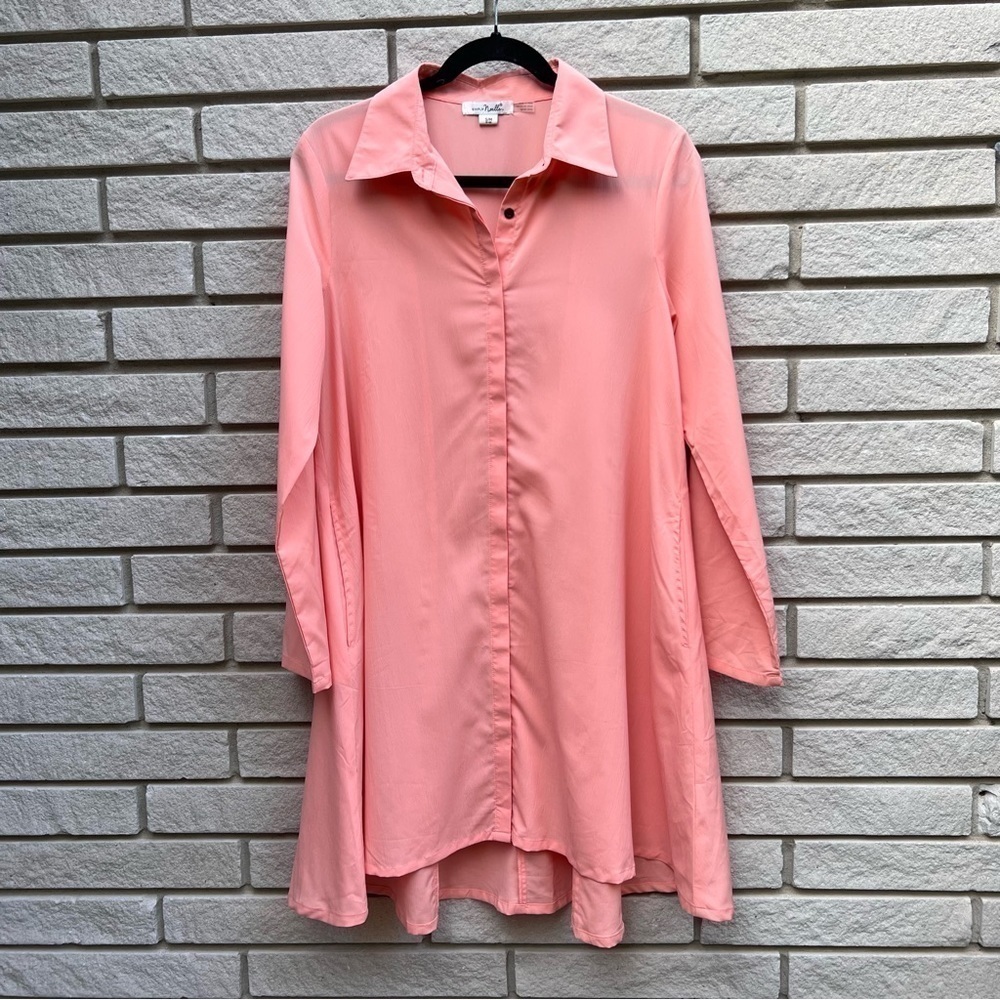 Simply Noelle Coral Shirt Dress with Button Front + Roll Sleeves Size S/M